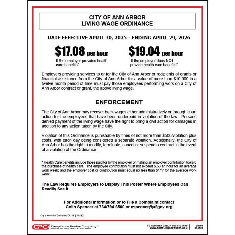 City of Ann Arbor, MI Living Wage Ordinance Poster